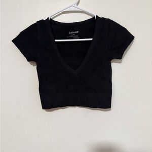 Garage Black Ribbed V-Neck Short Sleeve Crop Top
